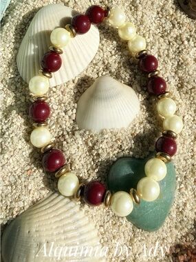 DARK Red JASPER and Creamy WHITE Pearl Stretch Bracelet with Gold Accents